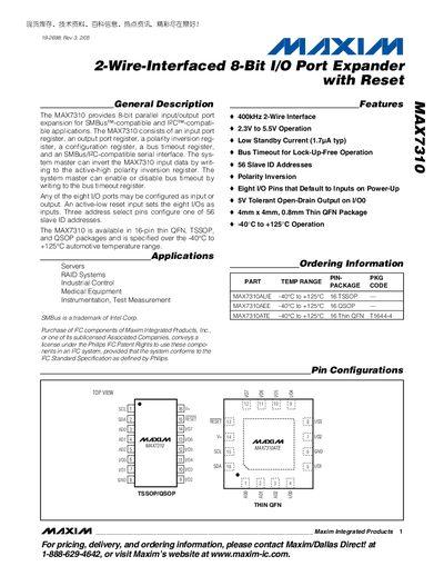 Maxim MAX7310 2‑Wire I/O Port Expander Datasheet - cover page