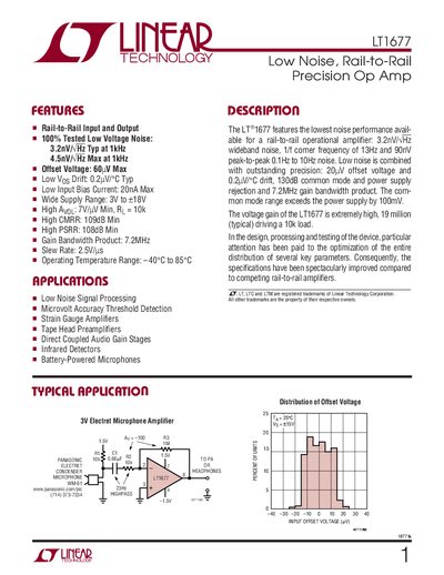 LINEAR TECHNOLOGY LT1677 1677fa Low Noise Rail-to-Rail Precision Op Amp Manual - cover page