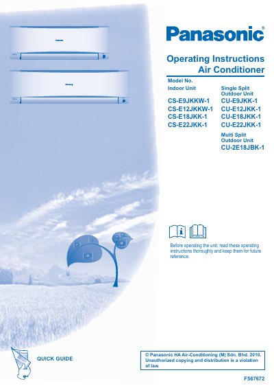 Panasonic CS-E9JKKW-1 CU-E9JKK-1 CS-E12JKKW-1 CU-E12JKK-1 CS-E18JKK-1 CU-E18JKK-1 CS-E22JKK-1 CU-E22JKK-1 Manual