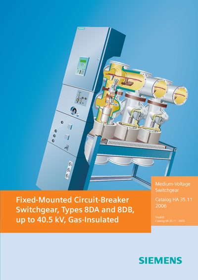SIEMENS Fixed-Mounted Circuit-Breaker Switchgear Types 8DA 8DB up to 40.5 kV Gas-Insulated - cover page