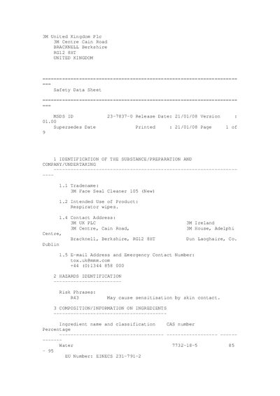 3M Face Seal Cleaner 105 Safety Data Sheet - cover page
