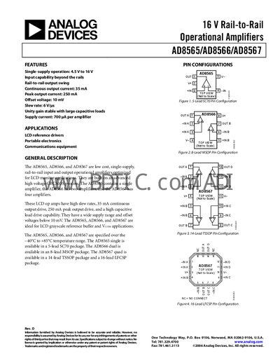 Analog Devices AD8565/AD8566/AD8567 16 V Rail-to-Rail Operational Amplifier Datasheet - cover page