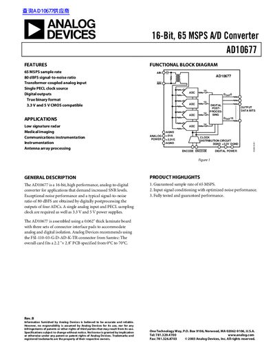 Analog Devices AD10677 16-Bit 65 MSPS A/D Converter Datasheet - cover page
