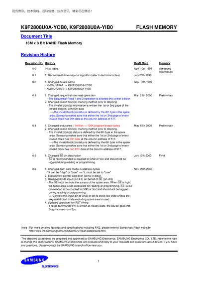 Samsung K9F2808U0A-YCB0 K9F2808U0A-YIB0 Data Sheet  - cover page