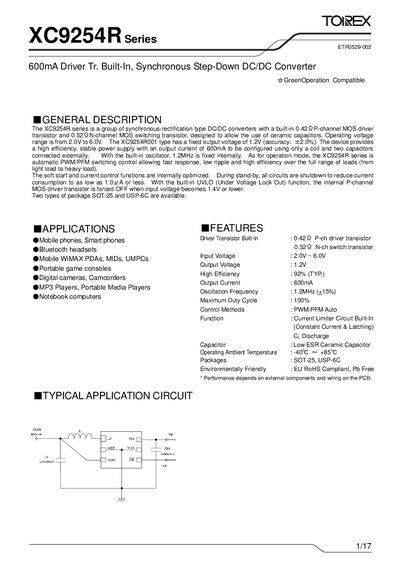 Torex XC9254R Series 600mA Driver Transistor Built-In Synchronous Step-Down DC/DC Converter Datasheet - cover page