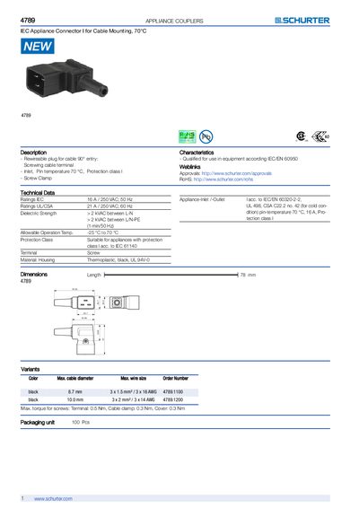 Schurter 4789 IEC Appliance Connector Datasheet - cover page
