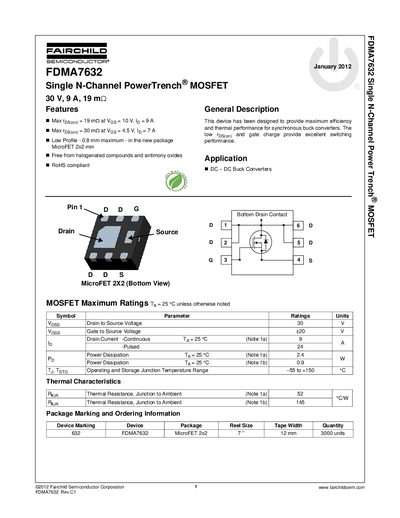 Fairchild FDMA7632 Single N-Channel PowerTrench MOSFET Datasheet - cover page