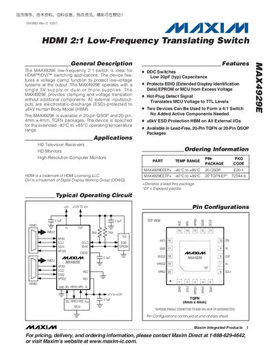 Maxim MAX4929E HDMI 2:1 Low-Frequency Translating Switch Datasheet - cover page