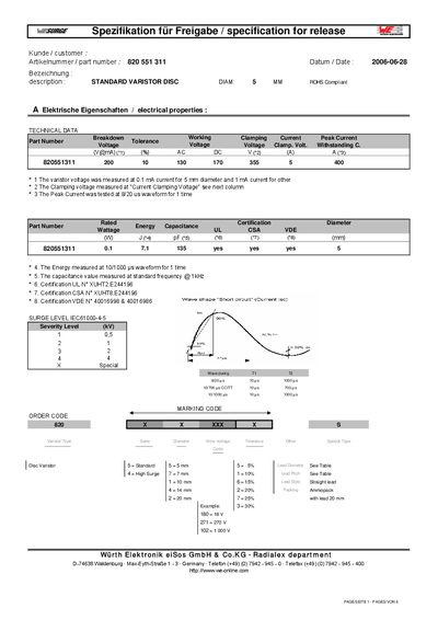 Wurth Elektronik 820551311 Varistor Specification - cover page
