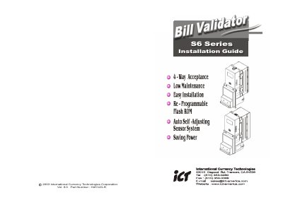 International Currency Technologies S6 Bill Validator Installation Guide - cover page