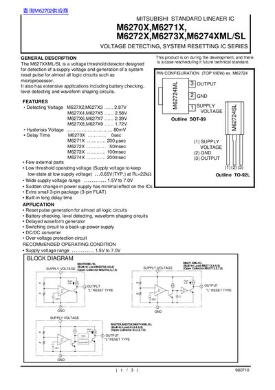 MITSUBISHI MM6270X M6271X M6272X M6273X M6274XML/SL Data Sheet - cover page