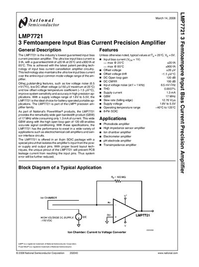 National Semiconductor LMP7721 3 fA Input Bias Current Precision Amplifier Datasheet - cover page