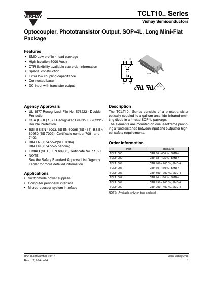 Vishay TCLT10.. Series Optocoupler Datasheet - cover page