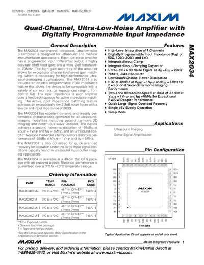 Maxim MAX2034 Quad-Channel Ultra-Low-Noise Amplifier Datasheet - cover page