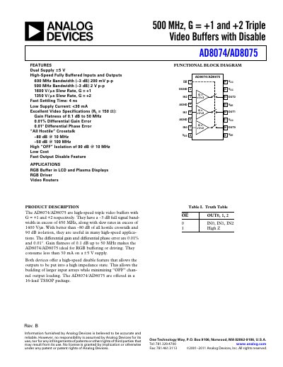 ANALOG DEVICES 500 MHz G = +1 +2 Triple Video Buffers with Disable AD8074/AD8075 English products handbook Rev B - cover page