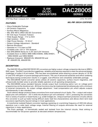 MSK DAC2800S Series DC-DC Converters Datasheet - cover page