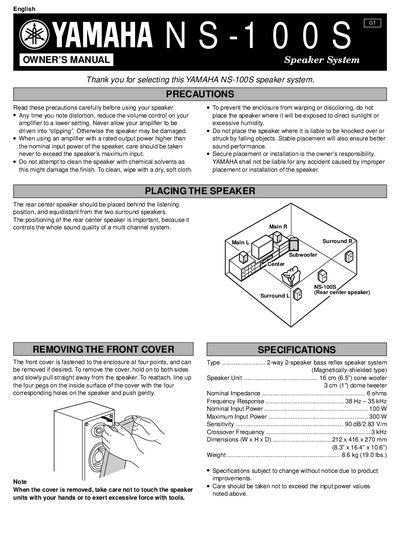 Yamaha NS-100S Speaker System Owner's Manual
