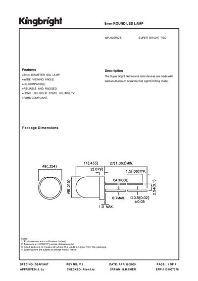 Kingbright WP793SRC/E 8mm Round LED Lamp Datasheet - cover page