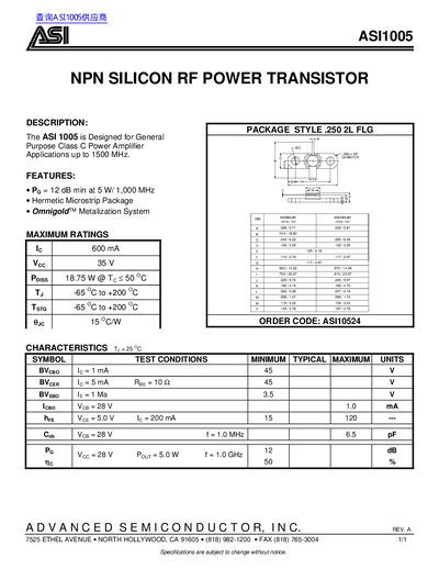 Advanced Semiconductor ASI1005 NPN Silicon RF Power Transistor Datasheet - cover page