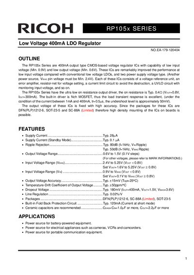 Ricoh RP105x Series Low Voltage LDO Regulator Datasheet