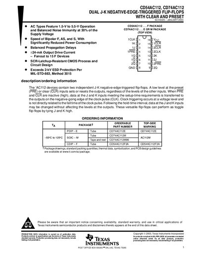 Texas Instruments CD54AC112 & CD74AC112 Dual J‑K Flip‑Flop Datasheet - cover page