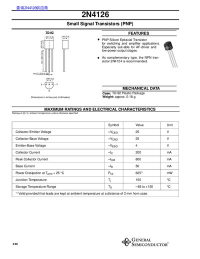 General Semiconductor 2N4126 Small Signal Transistor Datasheet - cover page