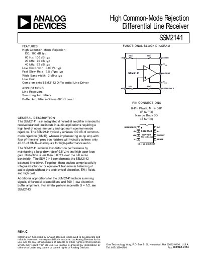 Analog Devices SSM2141 Differential Amplifier Product Handbook - cover page