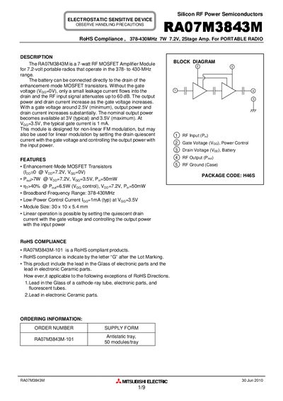 Mitsubishi Electric RA07M3843M RF Power Amplifier Module Datasheet - cover page