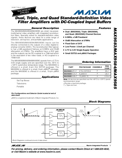 Maxim Integrated MAX9583/MAX9584/MAX9585 Video Filter Amplifier Datasheet - cover page