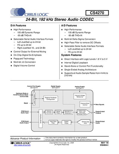 Cirrus Logic CS4270 Audio CODEC Datasheet - cover page