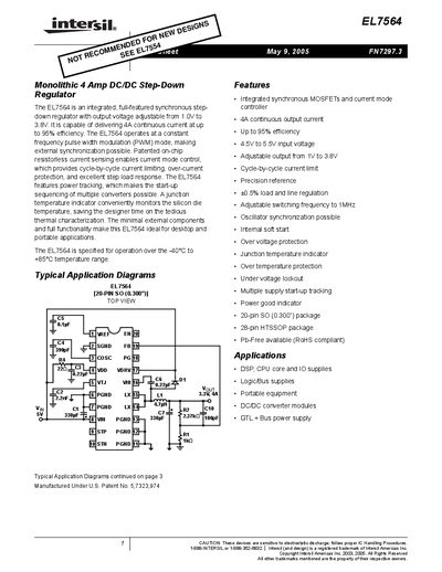 Intersil EL7564 Step-Down Regulator Datasheet - cover page
