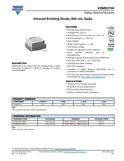 Vishay VSMS3700 Infrared Emitting Diode Datasheet - cover page