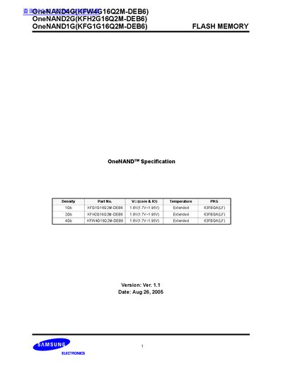 SAMSUNG ELECTRONICS OneNAND4G(KFW4G16Q2M-DEB6) OneNAND2G(KFH2G16Q2M-DEB6) OneNAND1G(KFG1G16Q2M-DEB6) FLASH MEMORY handbook