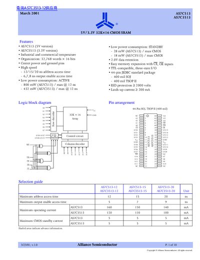Alliance Semiconductor AS7C513/AS7C3513 5V/3.3V 32K×16 CMOS SRAM Datasheet - cover page