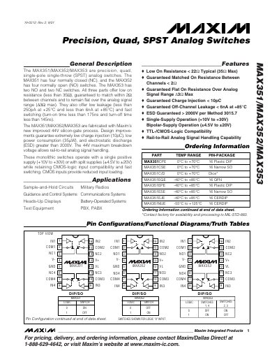 Maxim MAX351/MAX352/MAX353 Precision Quad SPST Analog Switches Datasheet