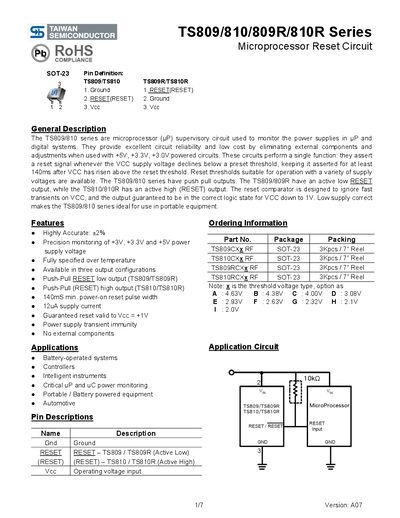 Taiwan Semiconductor TS809/810/809R/810R Series Microprocessor Reset Circuit Handbook - cover page