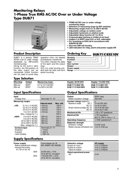 Monitoring Relays 1-Phase True RMS AC/DC Over or Under Voltage Type DUB71 - cover page