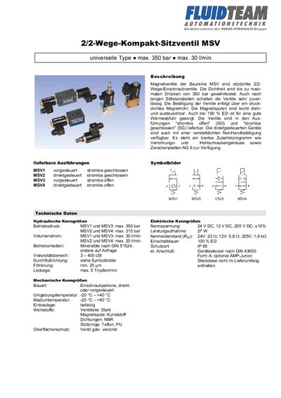 Fluid Team MSV Series Solenoid Valve Technical Data - cover page