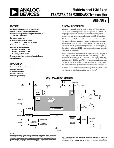 Analog Devices ADF7012 Datasheet - cover page