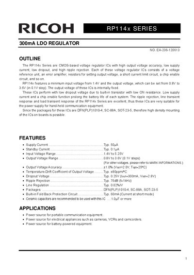 Ricoh RP114x Series 300mA LDO Regulator Datasheet