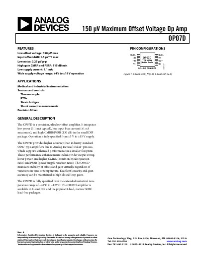 Analog Devices OP07D Precision Operational Amplifier Datasheet - cover page