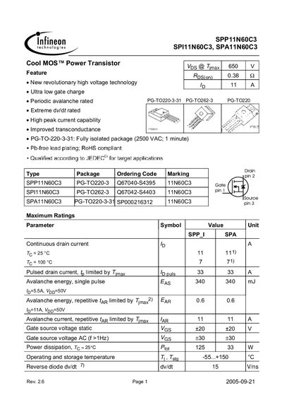 INFINEON SPP11N60C3 SPI11N60C3 SPA11N60C3 Manual