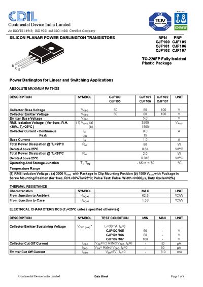 CDIL CJF100/CJF105/CJF101/CJF106/CJF102/CJF107 Silicon Planar Power Darlington Transistors Datasheet - cover page