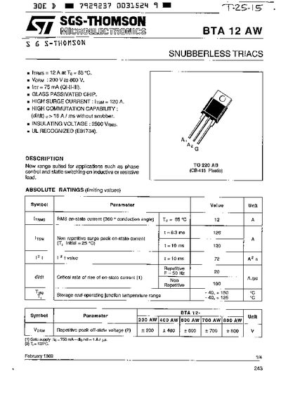 STMicroelectronics BTA12 AW Datasheet - cover page