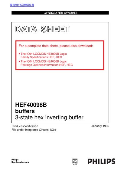 Philips HEF40098B 3-State Hex Inverting Buffer Datasheet - cover page