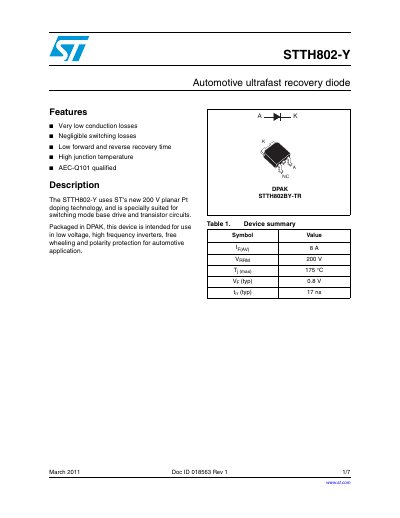 STMicroelectronics STTH802-Y Automotive Ultrafast Recovery Diode Datasheet