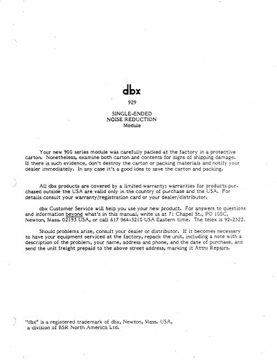 dbx 929 Single-Ended Noise Reduction Module User Manual - cover page