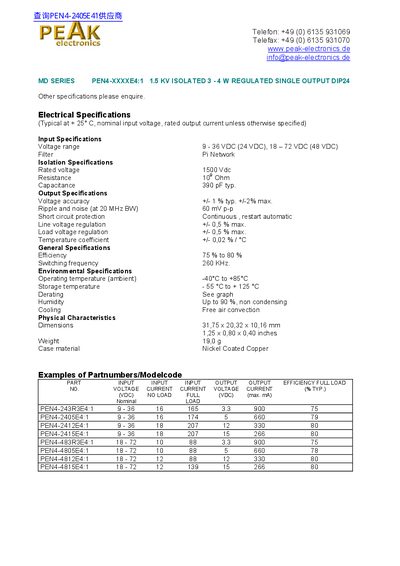 PEAK electronics MD SERIES PEN4-XXXXE4:1 1.5 KV ISOLATED 3 - 4 W REGULATED SINGLE OUTPUT DIP24  - cover page