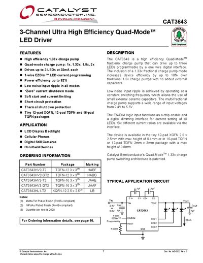 Catalyst CAT3643 3-Channel Ultra High Efficiency Quad-Mode LED Driver Datasheet