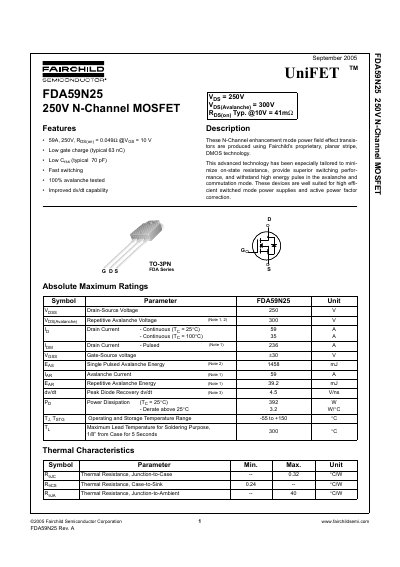 Fairchild Semiconductor FDA59N25 250V N-Channel MOSFET Datasheet - cover page
